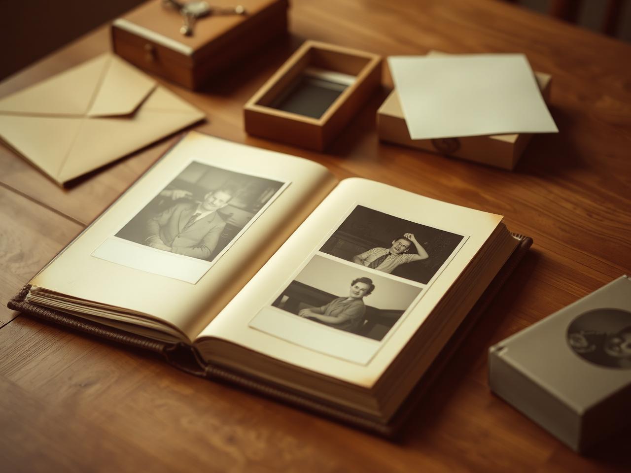 Stary album fotograficzny, papierowe odbitki i koperta